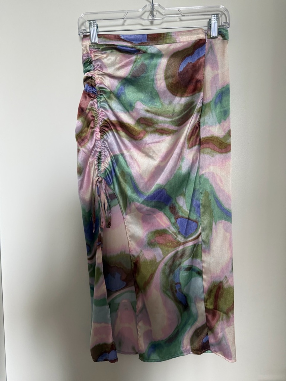 Ruched Midi Skirt in Pastel Swirl Print